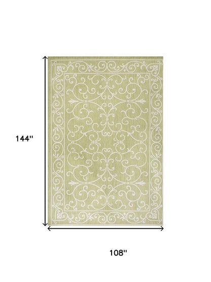 9' X 12' Green And Cream Medallion Indoor Outdoor Area Rug