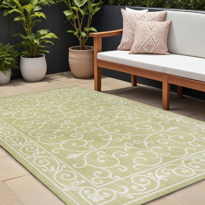 9' X 12' Green And Cream Medallion Indoor Outdoor Area Rug