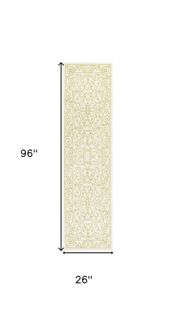 8' Cream And Green Medallion Indoor Outdoor Runner Rug HomeRoots