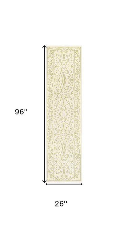 8' Cream And Green Medallion Indoor Outdoor Runner Rug HomeRoots