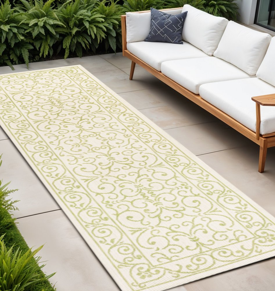 8' Cream And Green Medallion Indoor Outdoor Runner Rug HomeRoots