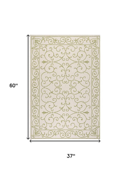 3' X 5' Cream And Green Medallion Indoor Outdoor Area Rug HomeRoots