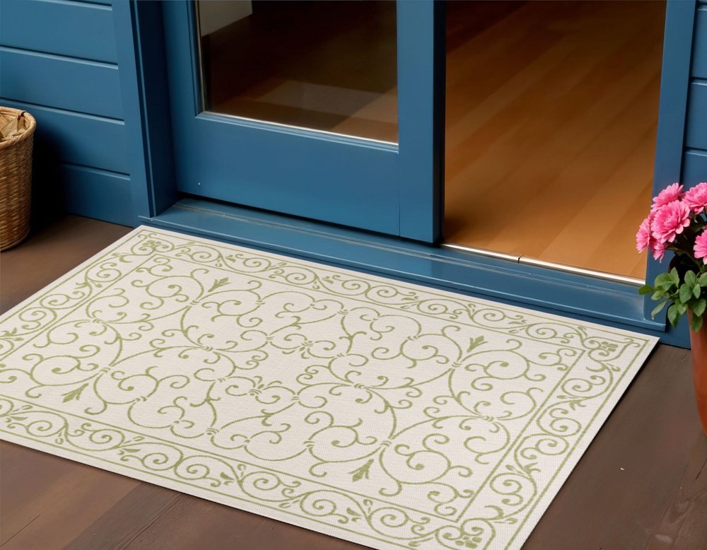 3' X 5' Cream And Green Medallion Indoor Outdoor Area Rug HomeRoots