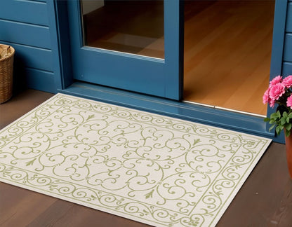 3' X 5' Cream And Green Medallion Indoor Outdoor Area Rug HomeRoots
