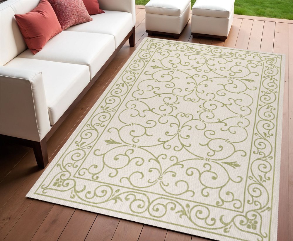 4' X 6' Cream And Green Medallion Indoor Outdoor Area Rug HomeRoots