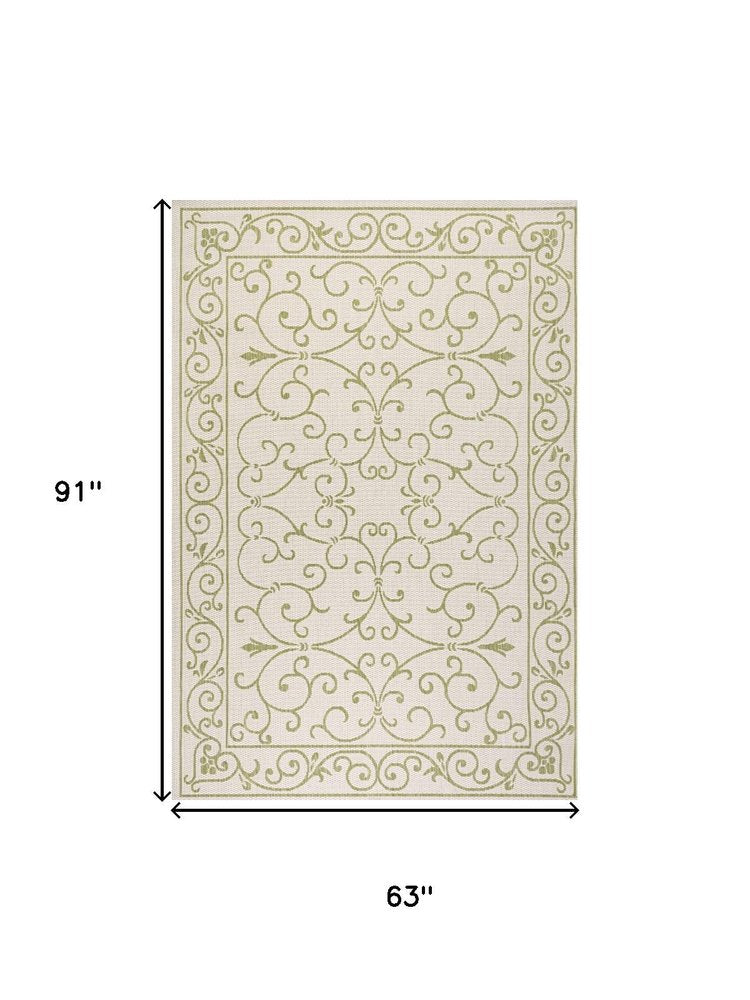 5' X 8' Cream And Green Medallion Indoor Outdoor Area Rug HomeRoots