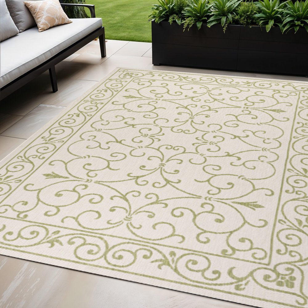 5' X 8' Cream And Green Medallion Indoor Outdoor Area Rug HomeRoots
