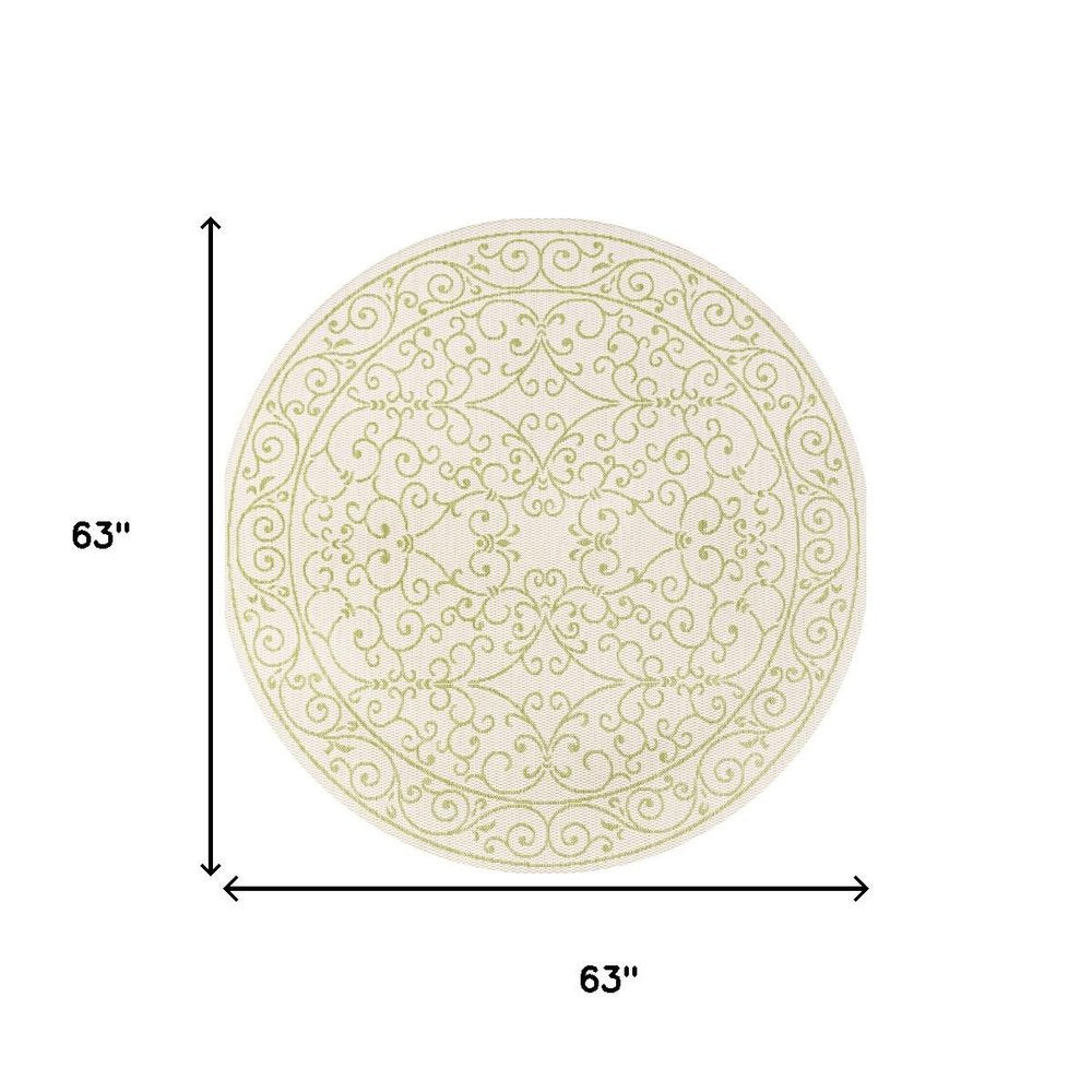 5' Cream And Green Round Medallion Indoor Outdoor Area Rug HomeRoots