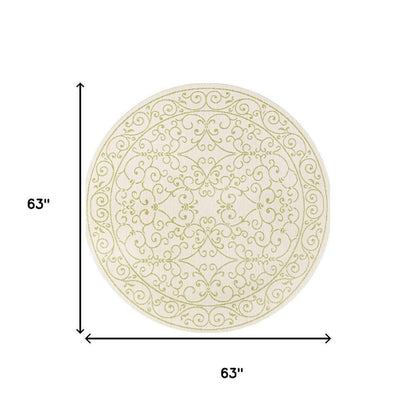 5' Cream And Green Round Medallion Indoor Outdoor Area Rug HomeRoots