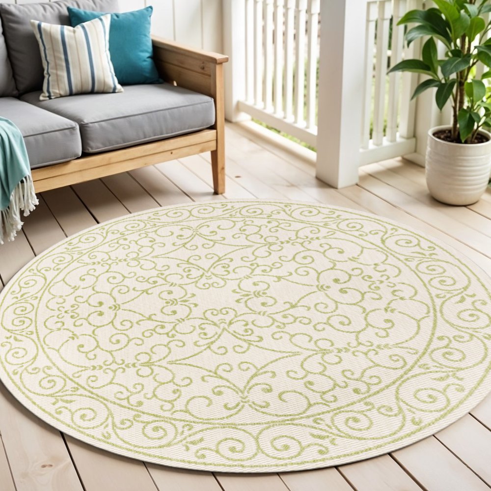 5' Cream And Green Round Medallion Indoor Outdoor Area Rug HomeRoots