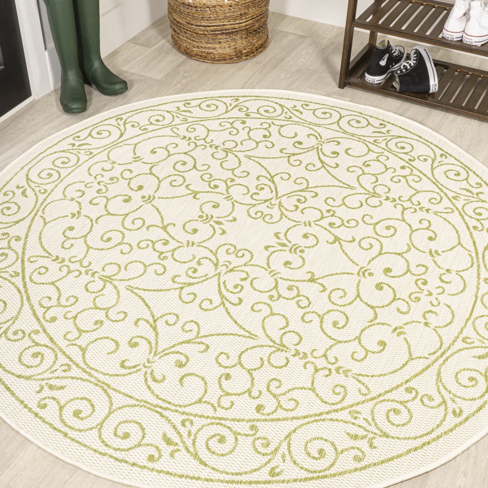 5' Cream And Green Round Medallion Indoor Outdoor Area Rug HomeRoots
