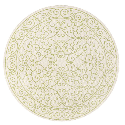 5' Cream And Green Round Medallion Indoor Outdoor Area Rug HomeRoots