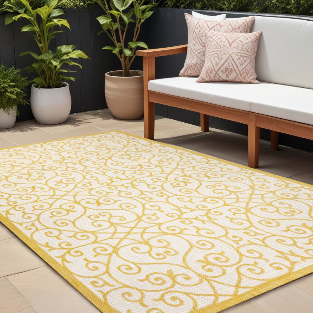 9' X 12' Cream And Yellow Geometric Indoor Outdoor Area Rug HomeRoots