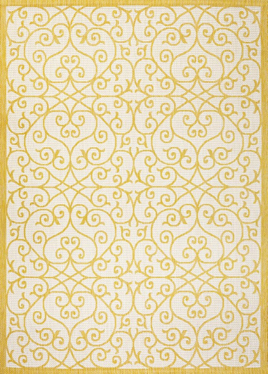 9' X 12' Cream And Yellow Geometric Indoor Outdoor Area Rug