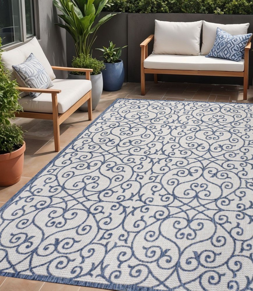 5' X 8' Blue And Cream Geometric Indoor Outdoor Area Rug HomeRoots