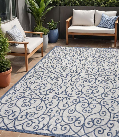 5' X 8' Blue And Cream Geometric Indoor Outdoor Area Rug HomeRoots