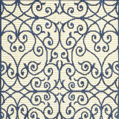 8' Navy Blue And Beige Geometric Indoor Outdoor Runner Rug HomeRoots