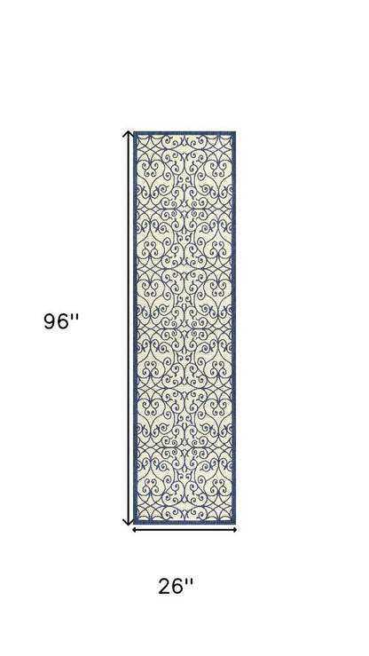 8' Navy Blue And Beige Geometric Indoor Outdoor Runner Rug HomeRoots