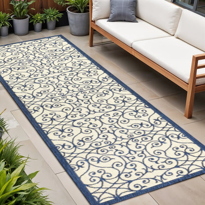 8' Navy Blue And Beige Geometric Indoor Outdoor Runner Rug HomeRoots
