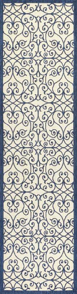 8' Navy Blue And Beige Geometric Indoor Outdoor Runner Rug HomeRoots