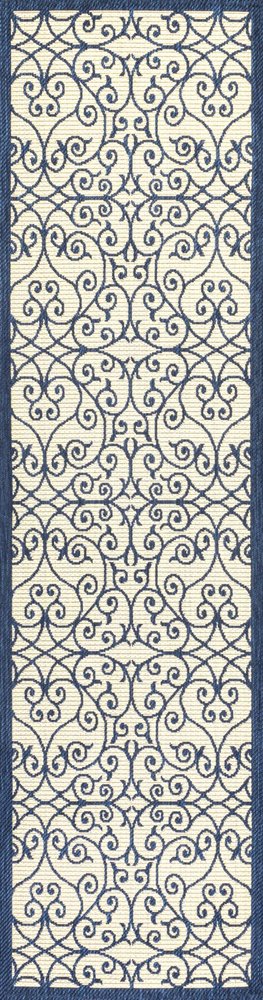 8' Navy Blue And Beige Geometric Indoor Outdoor Runner Rug HomeRoots