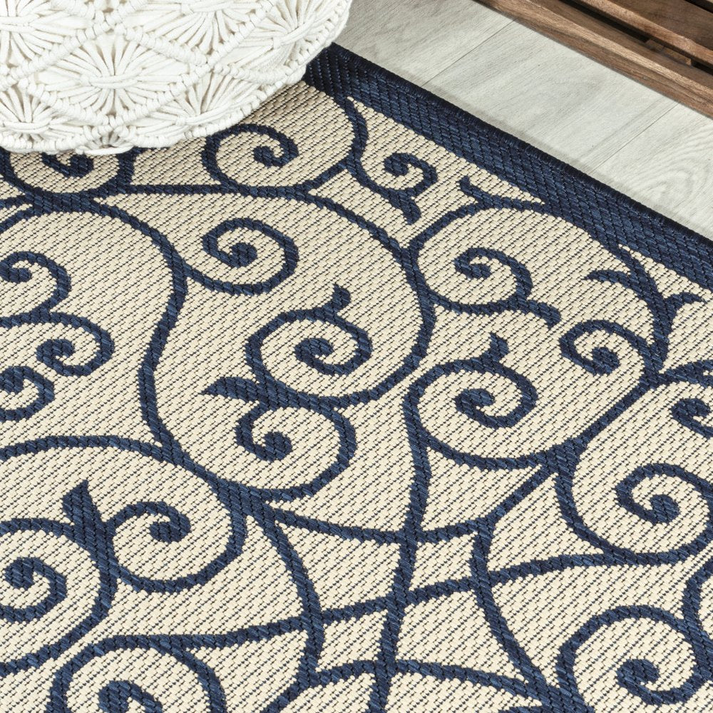 8' Navy Blue And Beige Geometric Indoor Outdoor Runner Rug HomeRoots