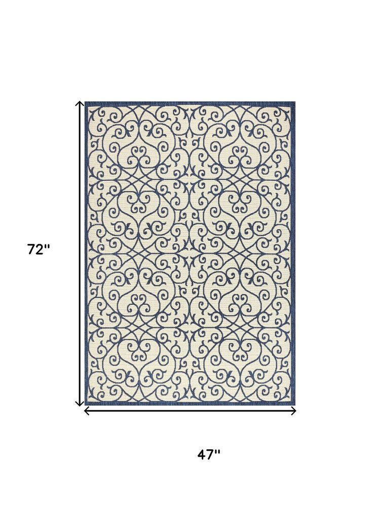 4' X 6' Navy Blue And Beige Geometric Indoor Outdoor Area Rug HomeRoots