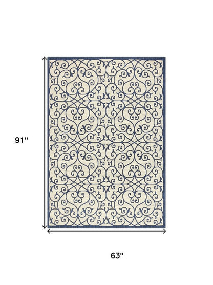 5' X 8' Navy Blue And Beige Geometric Indoor Outdoor Area Rug HomeRoots