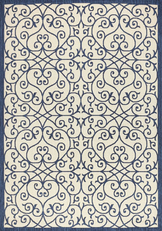5' X 8' Navy Blue And Beige Geometric Indoor Outdoor Area Rug