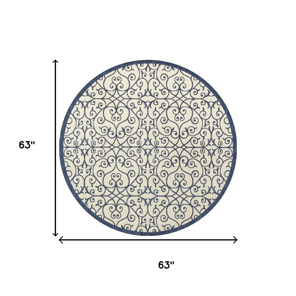 5' Navy Blue And Beige Round Geometric Indoor Outdoor Area Rug HomeRoots