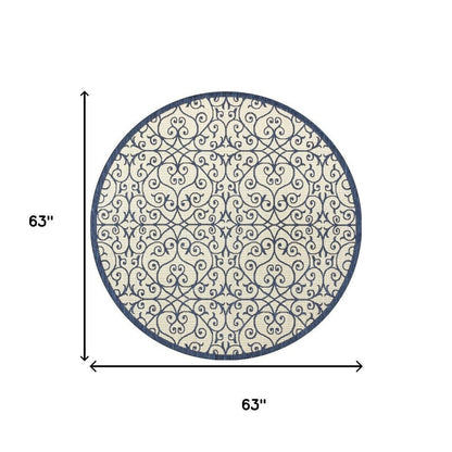 5' Navy Blue And Beige Round Geometric Indoor Outdoor Area Rug HomeRoots