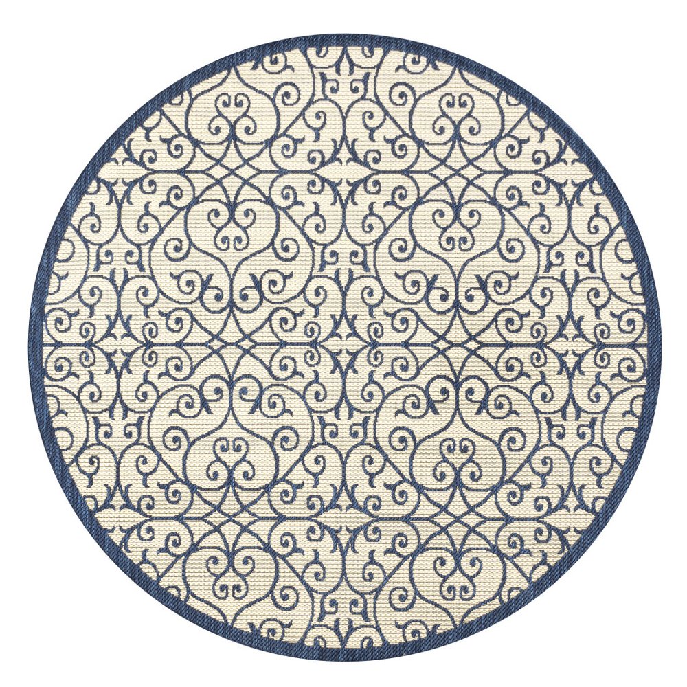5' Navy Blue And Beige Round Geometric Indoor Outdoor Area Rug HomeRoots