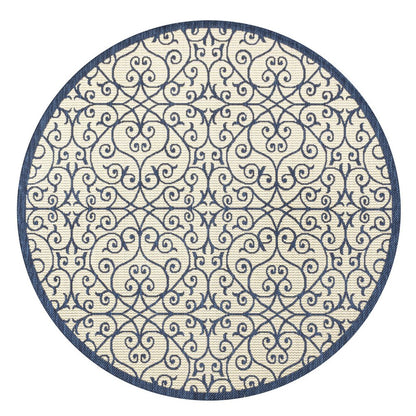 5' Navy Blue And Beige Round Geometric Indoor Outdoor Area Rug HomeRoots
