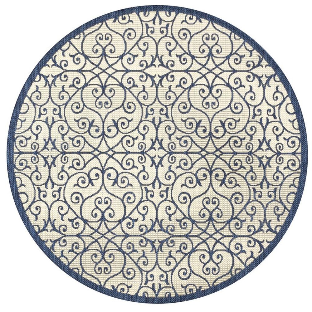 5' Navy Blue And Beige Round Geometric Indoor Outdoor Area Rug HomeRoots