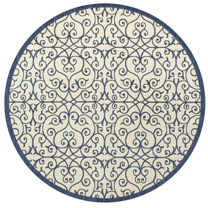 5' Navy Blue And Beige Round Geometric Indoor Outdoor Area Rug HomeRoots