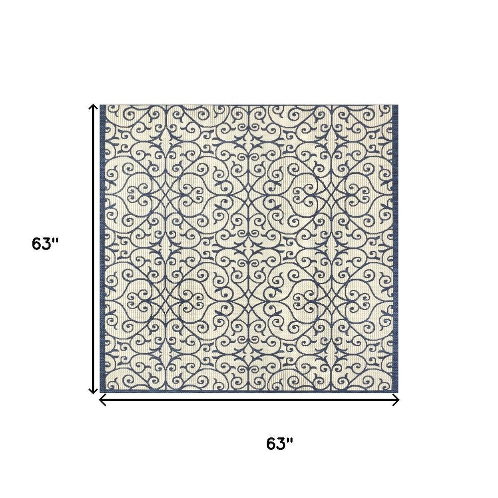 5' Navy Blue And Beige Square Geometric Indoor Outdoor Area Rug HomeRoots
