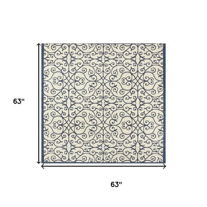 5' Navy Blue And Beige Square Geometric Indoor Outdoor Area Rug HomeRoots
