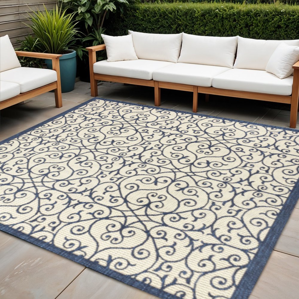 5' Navy Blue And Beige Square Geometric Indoor Outdoor Area Rug HomeRoots