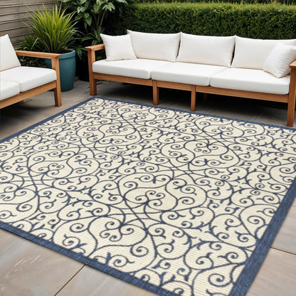 5' Navy Blue And Beige Square Geometric Indoor Outdoor Area Rug HomeRoots