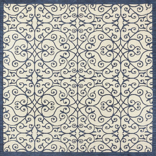 5' Navy Blue And Beige Square Geometric Indoor Outdoor Area Rug
