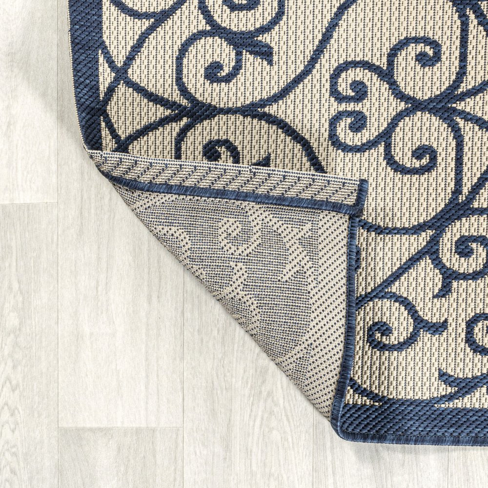 5' Navy Blue And Beige Square Geometric Indoor Outdoor Area Rug HomeRoots