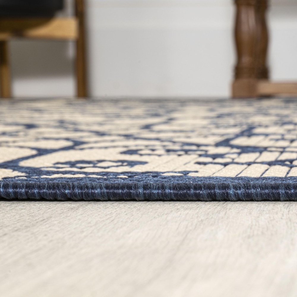 5' Navy Blue And Beige Square Geometric Indoor Outdoor Area Rug HomeRoots