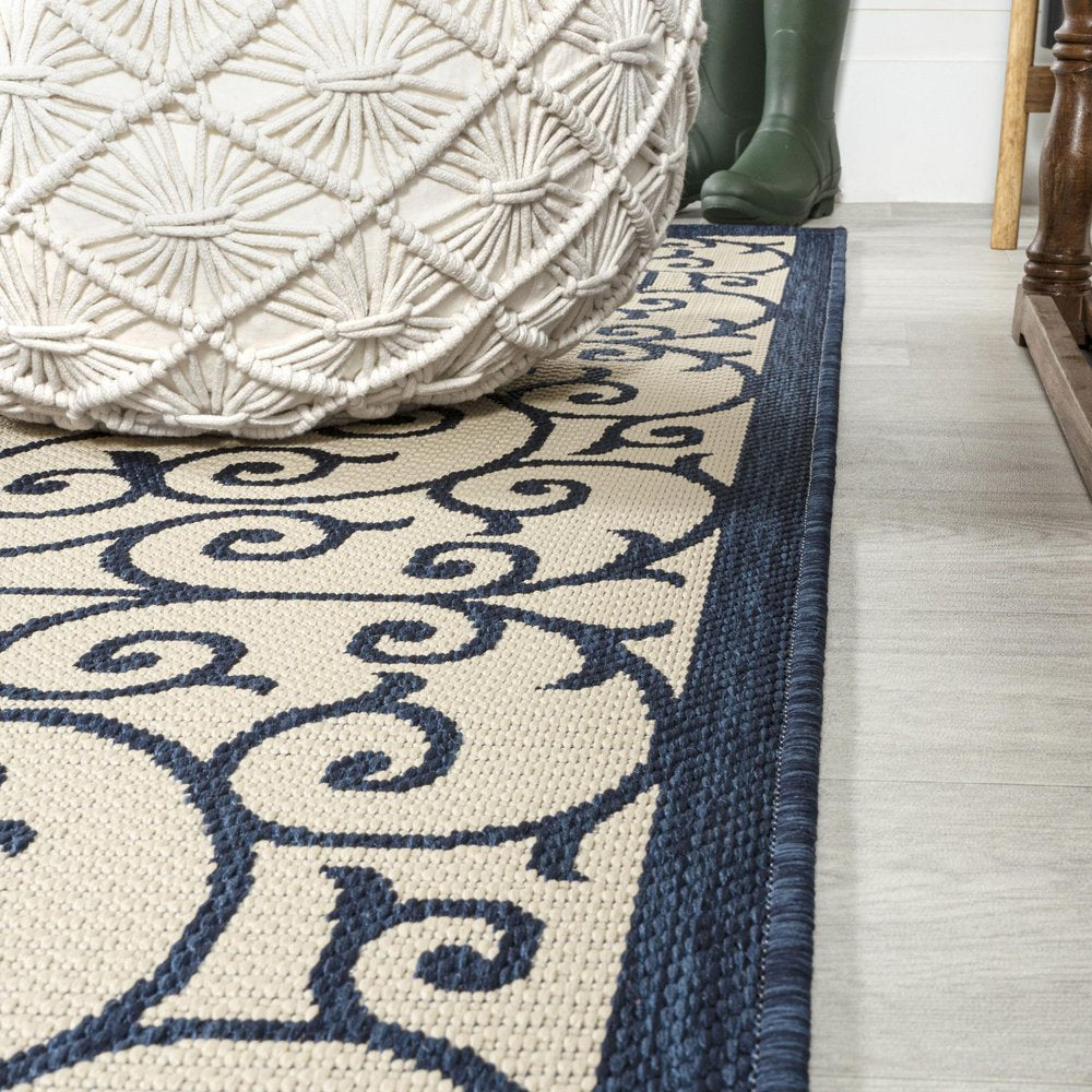 5' Navy Blue And Beige Square Geometric Indoor Outdoor Area Rug HomeRoots