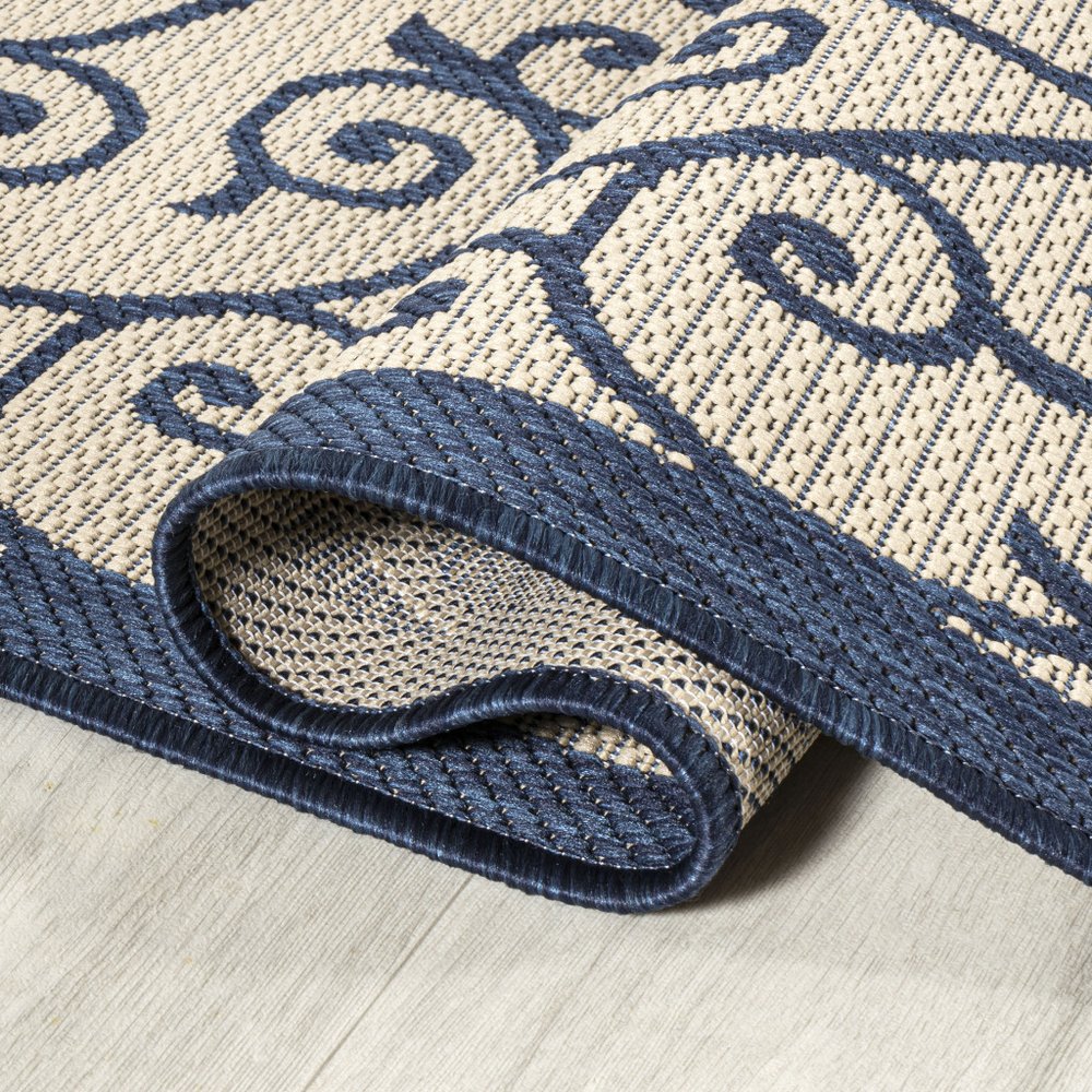 5' Navy Blue And Beige Square Geometric Indoor Outdoor Area Rug HomeRoots