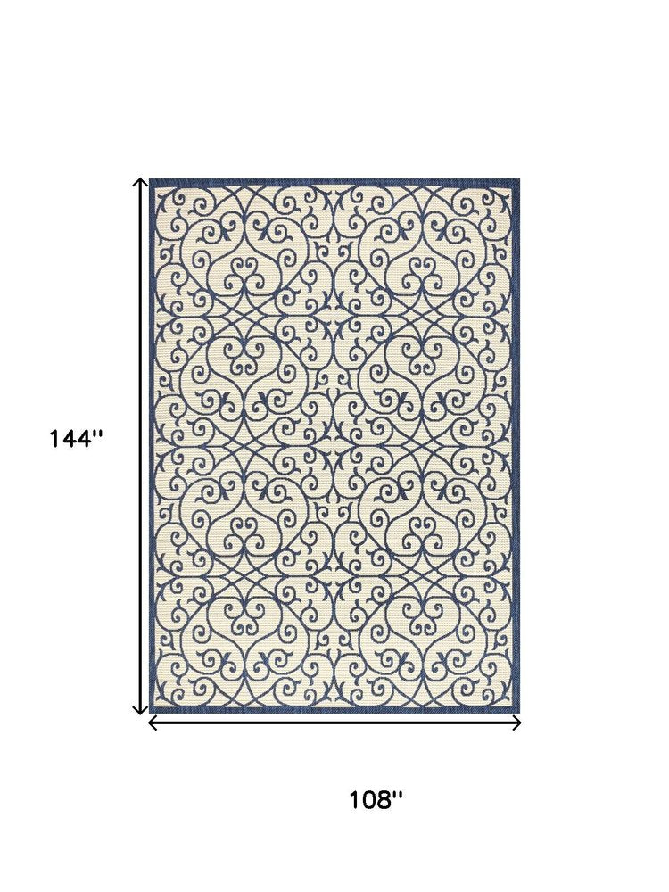 9' X 12' Navy Blue And Beige Geometric Indoor Outdoor Area Rug HomeRoots