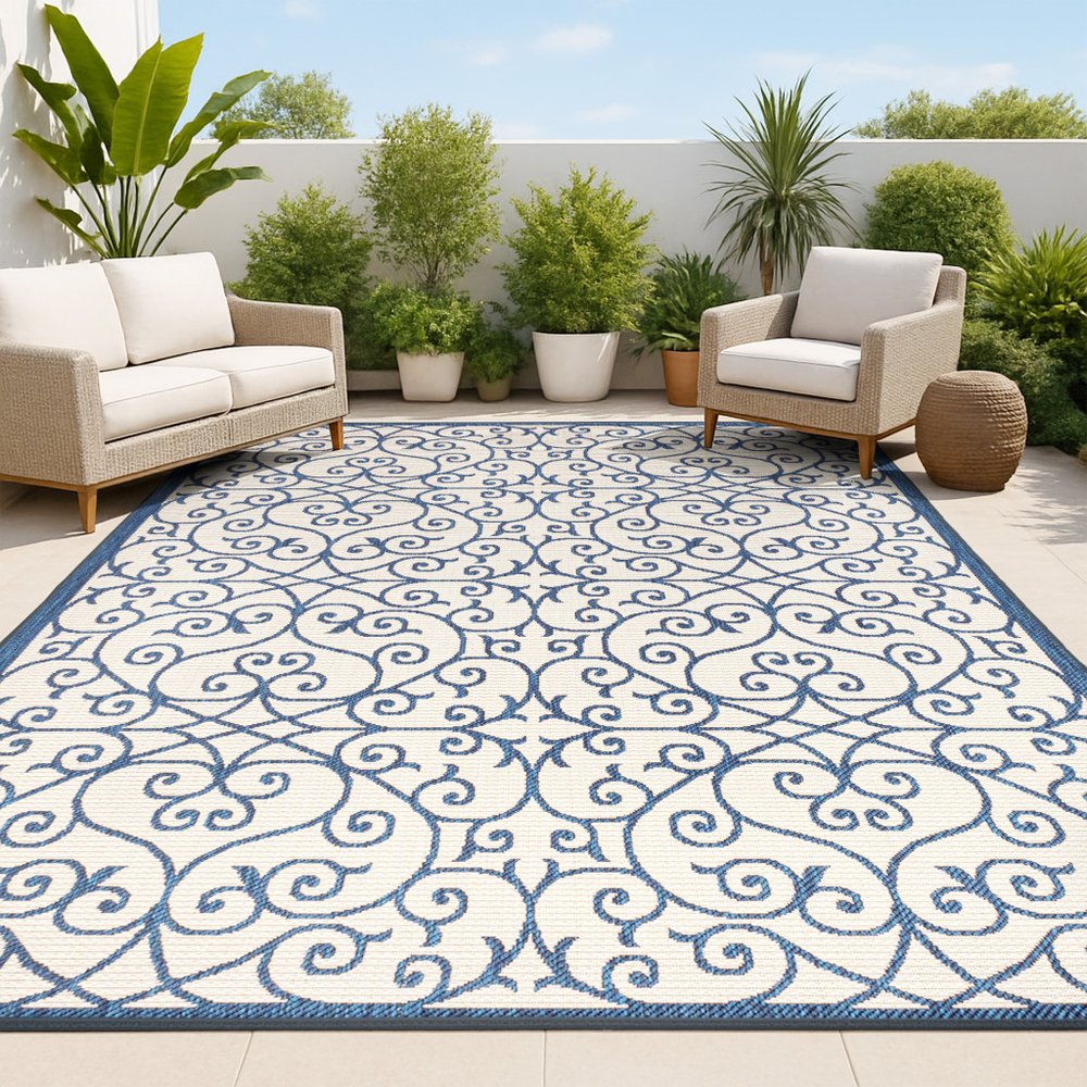 9' X 12' Navy Blue And Beige Geometric Indoor Outdoor Area Rug HomeRoots