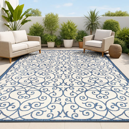 9' X 12' Navy Blue And Beige Geometric Indoor Outdoor Area Rug HomeRoots