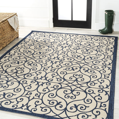 9' X 12' Navy Blue And Beige Geometric Indoor Outdoor Area Rug HomeRoots