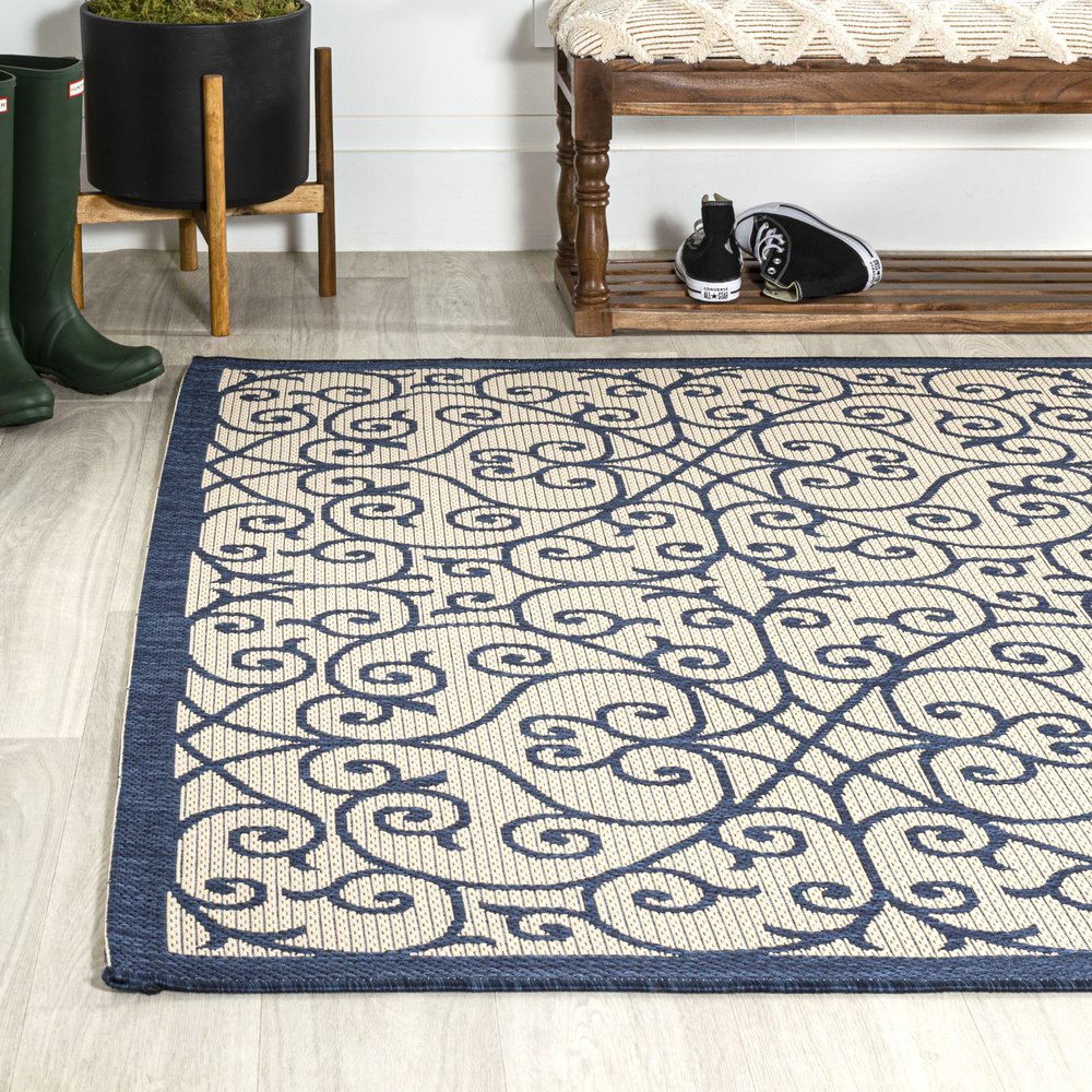 9' X 12' Navy Blue And Beige Geometric Indoor Outdoor Area Rug HomeRoots