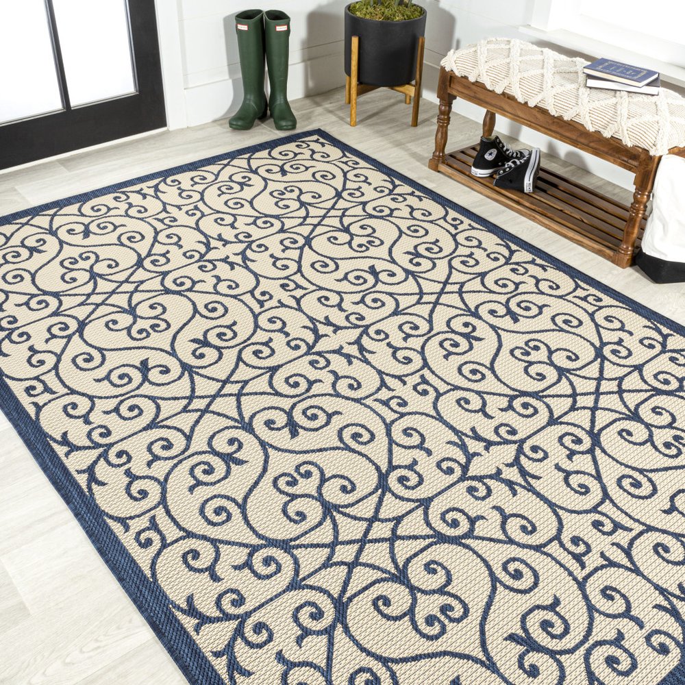9' X 12' Navy Blue And Beige Geometric Indoor Outdoor Area Rug HomeRoots